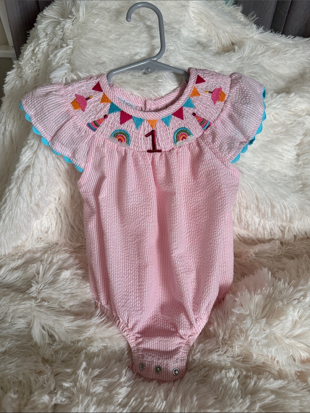 Mud Pie Pink Embroidered Rainbow & Pennant One-Piece